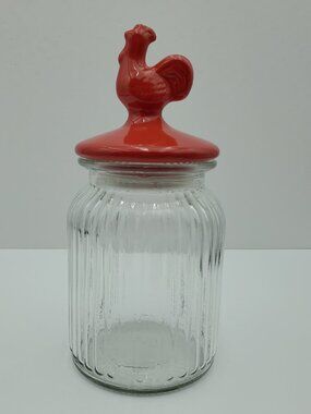 Clear Ribbed Glass Canister with Ceramic Red Rooster Lid Chicken Storage Jar